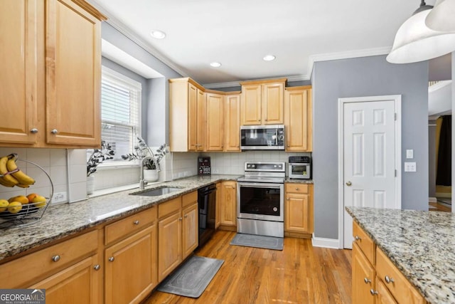 kitchen with light stone countertops, backsplash, stainless steel appliances, sink, and light hardwood / wood-style floors