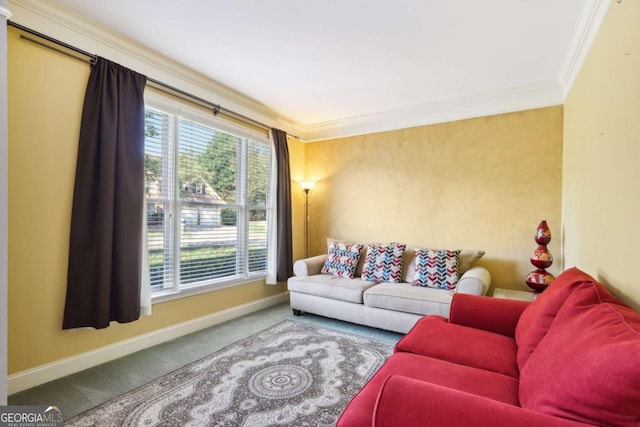 living room featuring carpet floors, ornamental molding, and a wealth of natural light