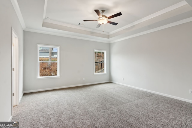 empty room featuring plenty of natural light, ornamental molding, a raised ceiling, and carpet