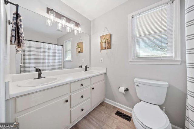 bathroom with hardwood / wood-style flooring, vanity, and toilet