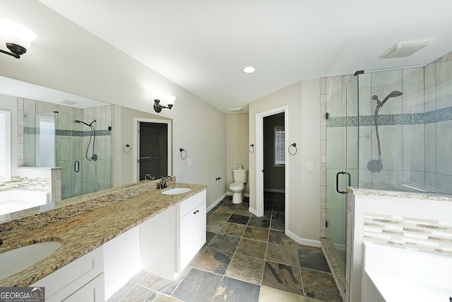 bathroom with toilet, walk in shower, and vanity