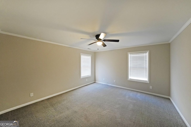 empty room featuring ceiling fan, ornamental molding, and carpet floors