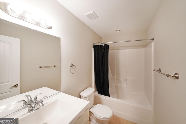 full bathroom with shower / bath combo with shower curtain, toilet, and vanity