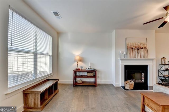 sitting room featuring ceiling fan and hardwood / wood-style flooring