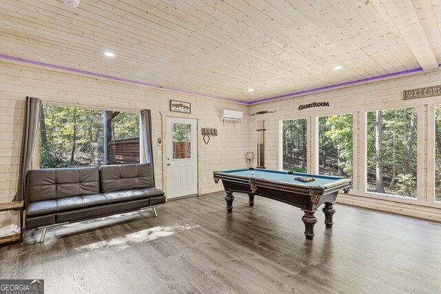 rec room with a healthy amount of sunlight, hardwood / wood-style flooring, wooden ceiling, and pool table