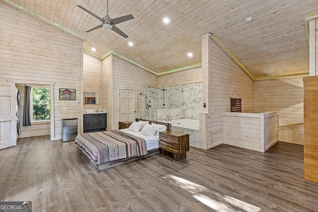 bedroom featuring wood ceiling, ceiling fan, high vaulted ceiling, dark hardwood / wood-style floors, and wood walls