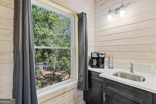 interior space with a healthy amount of sunlight, wood walls, and sink