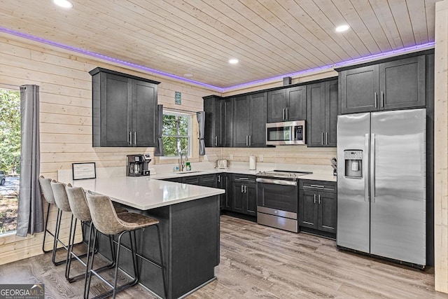 kitchen with wooden ceiling, stainless steel appliances, a kitchen breakfast bar, kitchen peninsula, and light wood-type flooring