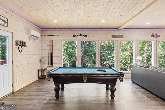 game room featuring a wall mounted air conditioner, hardwood / wood-style floors, pool table, and wood ceiling