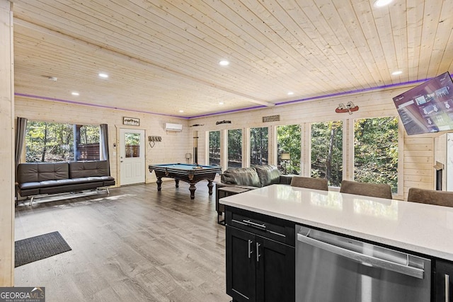 recreation room with a wealth of natural light, wooden ceiling, billiards, wood walls, and light wood-type flooring