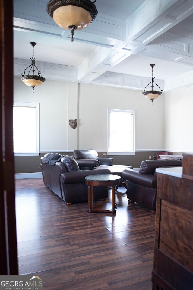 living room featuring beamed ceiling, dark hardwood / wood-style flooring, plenty of natural light, and crown molding