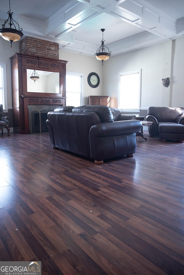 living room featuring a large fireplace, dark hardwood / wood-style floors, a wealth of natural light, and coffered ceiling