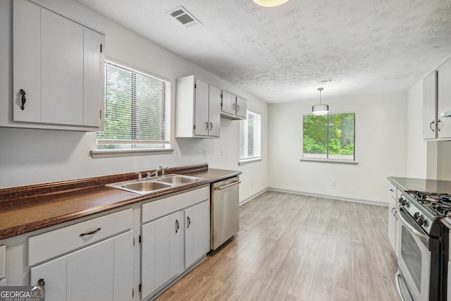 kitchen featuring a wealth of natural light, appliances with stainless steel finishes, sink, and light hardwood / wood-style floors