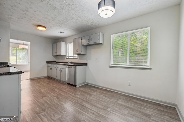 kitchen featuring light hardwood / wood-style floors, gray cabinetry, a textured ceiling, stainless steel dishwasher, and sink