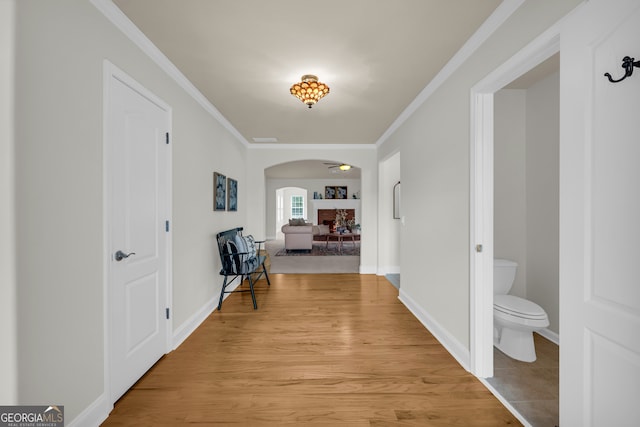 corridor featuring light wood-type flooring and ornamental molding