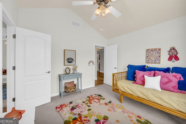 bedroom featuring ceiling fan, light colored carpet, and high vaulted ceiling