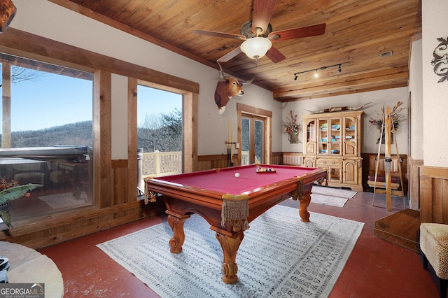 rec room featuring wooden walls, ceiling fan, wood ceiling, and pool table