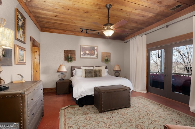 bedroom featuring access to exterior, ceiling fan, french doors, and wood ceiling