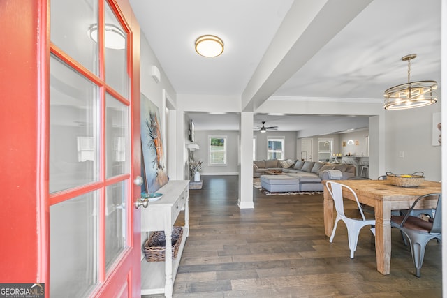 interior space featuring crown molding, dark hardwood / wood-style flooring, and ceiling fan with notable chandelier