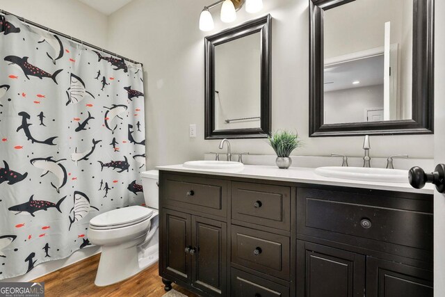 bathroom with walk in shower, vanity, wood-type flooring, and toilet