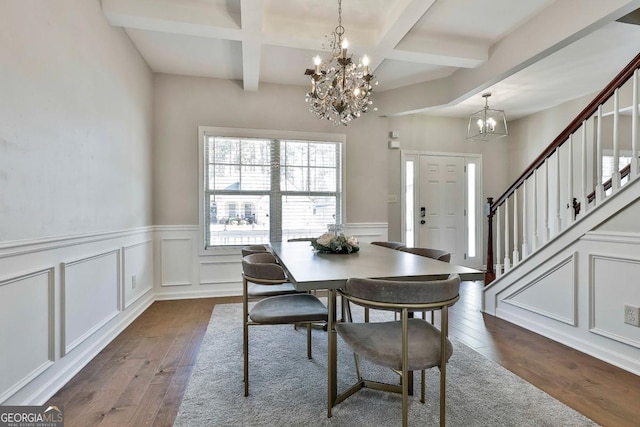 dining room featuring a chandelier, beam ceiling, dark hardwood / wood-style floors, and coffered ceiling