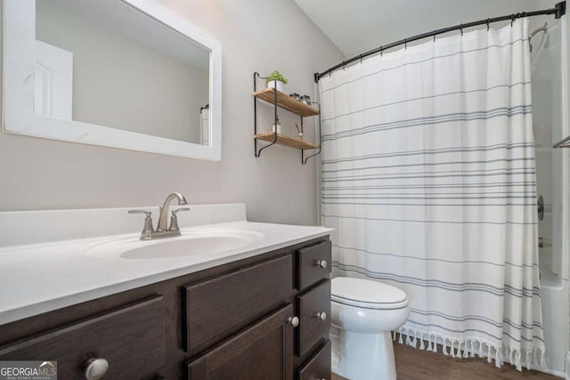 bathroom featuring vanity, curtained shower, toilet, and wood-type flooring