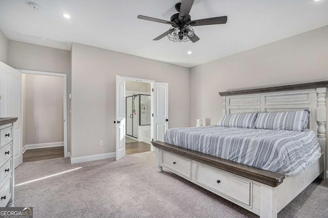 carpeted bedroom featuring ceiling fan