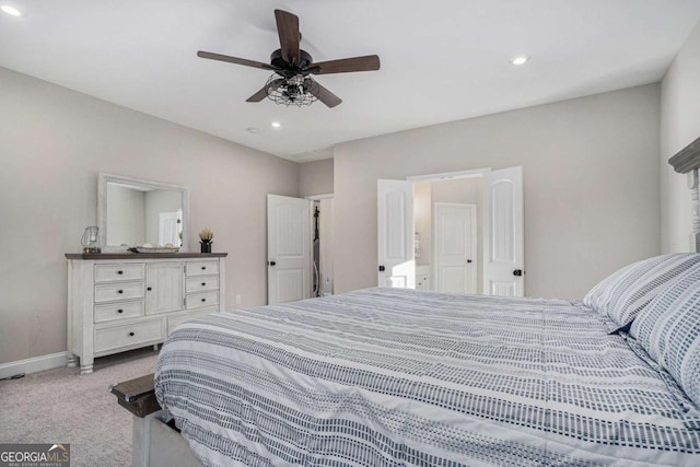 bedroom featuring ceiling fan and light colored carpet