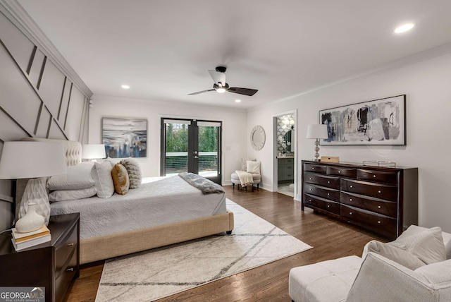 bedroom with ceiling fan, ensuite bath, access to exterior, dark hardwood / wood-style flooring, and crown molding