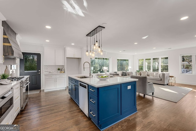 kitchen featuring decorative backsplash, sink, blue cabinetry, stainless steel appliances, and white cabinets