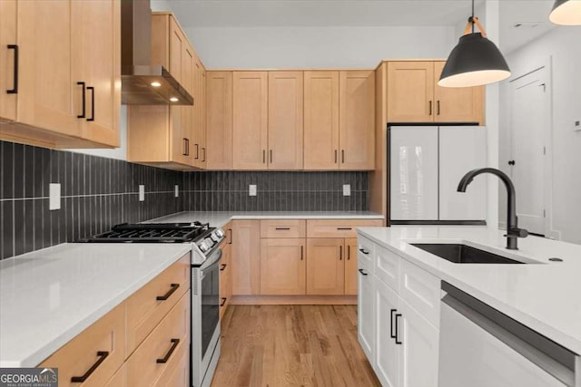 kitchen with dishwashing machine, gas stove, sink, wall chimney range hood, and white refrigerator