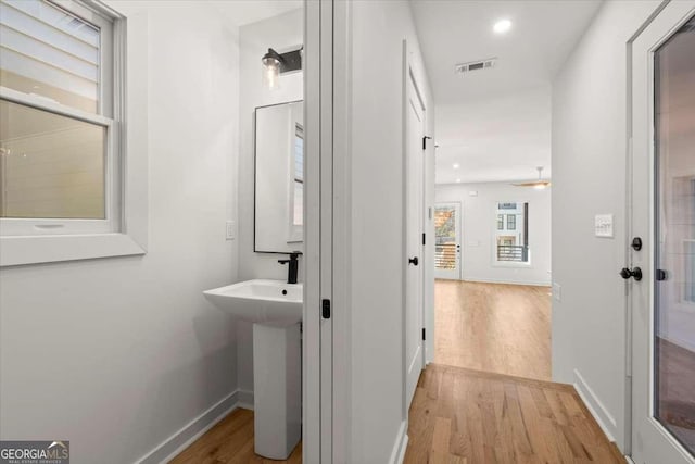 bathroom with hardwood / wood-style flooring