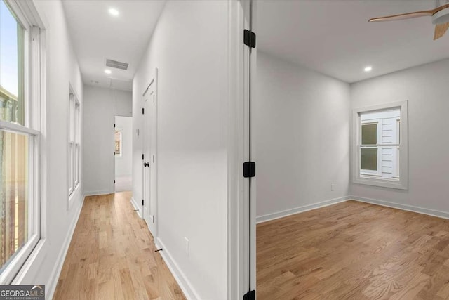 corridor featuring light wood-type flooring and a healthy amount of sunlight