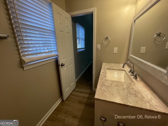 bathroom featuring hardwood / wood-style floors and vanity