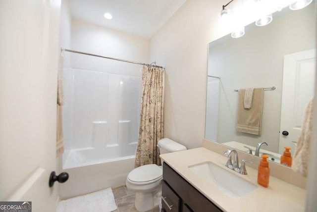 full bathroom with tile patterned flooring, shower / tub combo with curtain, vanity, and toilet