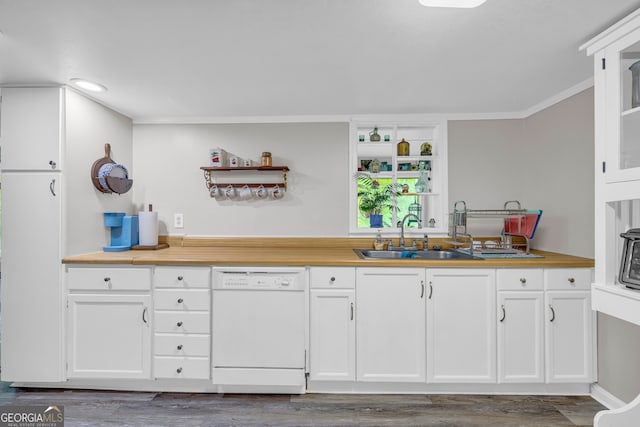 kitchen featuring white cabinets, crown molding, sink, and white dishwasher