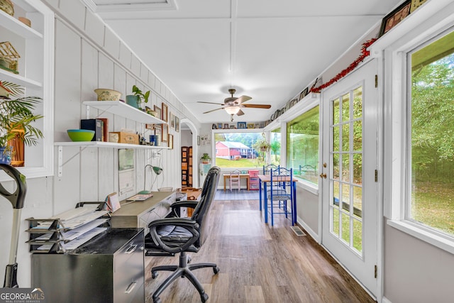 office featuring ceiling fan and hardwood / wood-style flooring