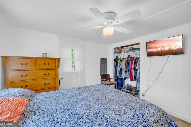 bedroom featuring ceiling fan, electric panel, and a closet