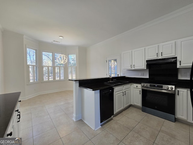 kitchen with stainless steel range with electric stovetop, dishwasher, sink, kitchen peninsula, and white cabinetry