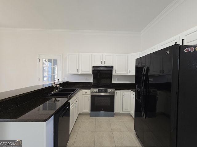 kitchen with black appliances, sink, crown molding, light tile patterned flooring, and white cabinetry