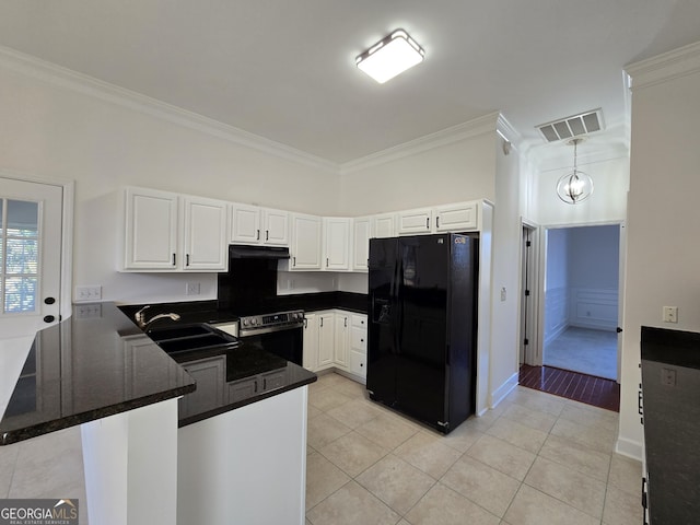 kitchen with black refrigerator with ice dispenser, electric stove, kitchen peninsula, light tile patterned flooring, and white cabinetry