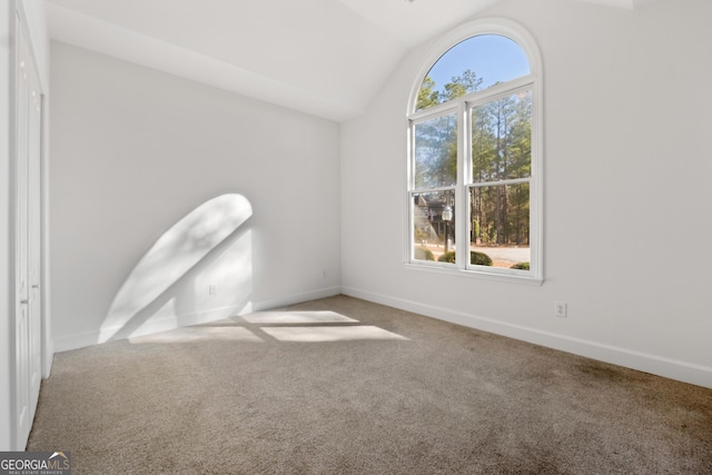 spare room with carpet flooring and lofted ceiling