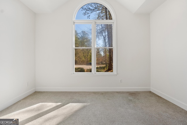 carpeted spare room featuring vaulted ceiling and plenty of natural light