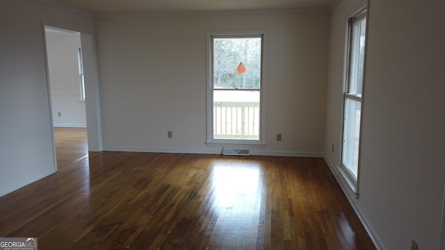 spare room with a wealth of natural light, crown molding, and dark wood-type flooring