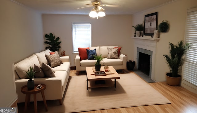 living room with light wood-type flooring, ceiling fan, and ornamental molding