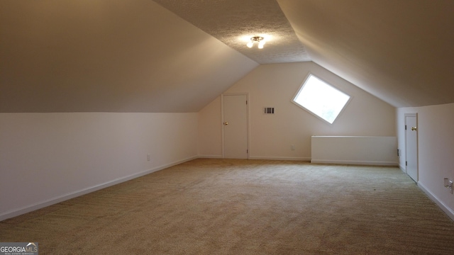 additional living space featuring light carpet, a textured ceiling, and lofted ceiling with skylight