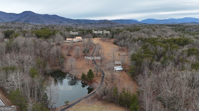 bird's eye view with a water and mountain view