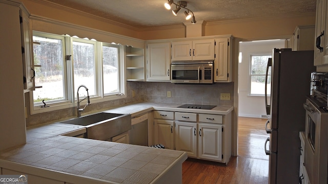 kitchen featuring tile counters, sink, backsplash, appliances with stainless steel finishes, and hardwood / wood-style flooring