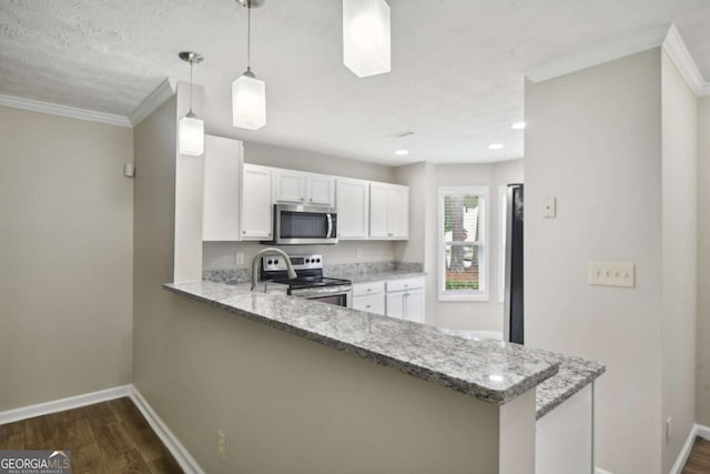 kitchen with white cabinets, hanging light fixtures, light stone countertops, kitchen peninsula, and stainless steel appliances