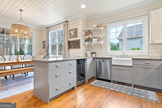 kitchen featuring dishwasher, wooden ceiling, hanging light fixtures, wine cooler, and light hardwood / wood-style floors